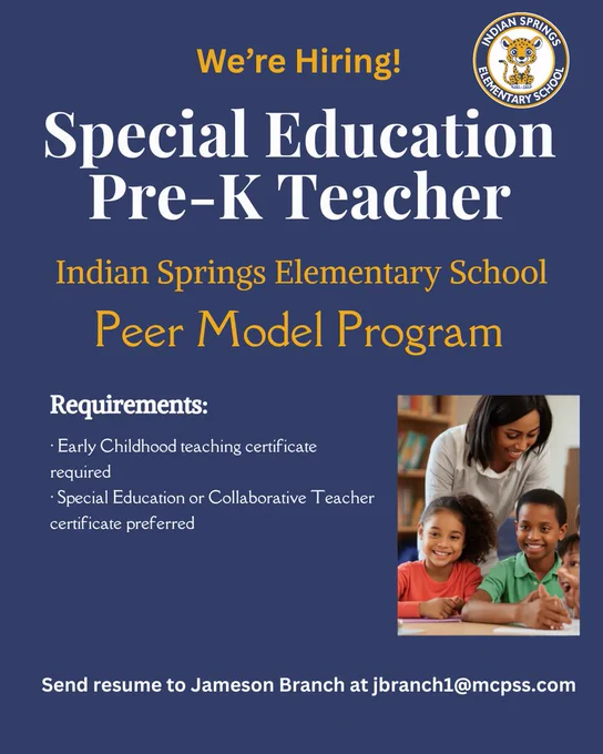 We're Hiring: Special Education PreK Teacher. Required certificate- Early Childhood Education with Special Education or Collaborative Teacher certification preferred. Send Resume to jbranch1@mcpss.com
