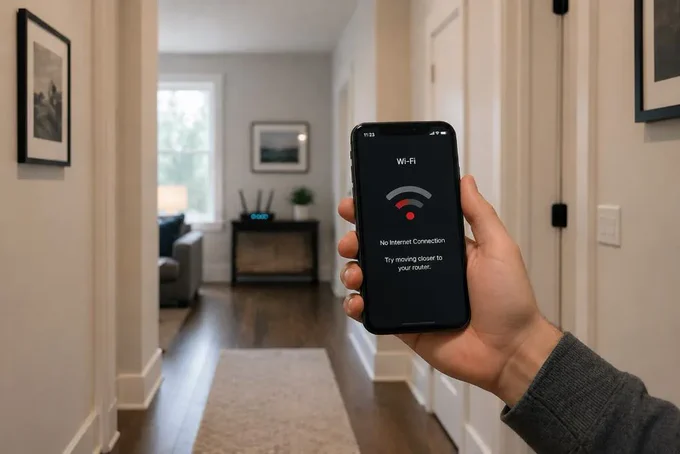 Smartphone showing weak Wi‑Fi signal in a home hallway, illustrating dead zones and poor coverage caused by distance and layout issues.