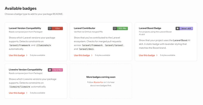 Four badges display Laravel version compatibility, contributor status, and Livewire support, with design options highlighted.