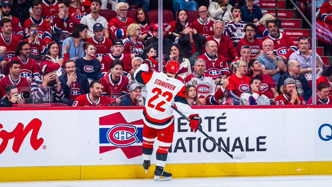 Photo of Logan Stankoven cellying to the Montreal crowd