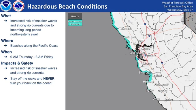 A Beach Hazards Statement is in effect from 9AM Thursday to 3AM Friday due to an increased risk of sneaker waves at beaches along the Pacific Coast (Sonoma County to Monterey County). 