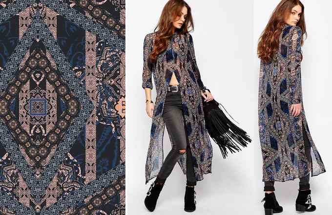A printed textile design by Patrick Moriarty. Tunic dresses were made with the printed fabric.