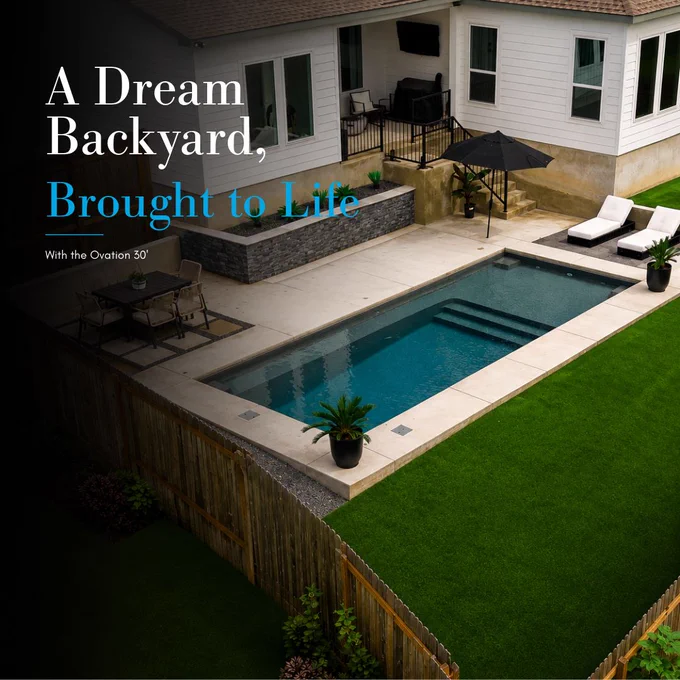 Aerial view of an Ovation 30 fiberglass pool in Gibraltar Grey