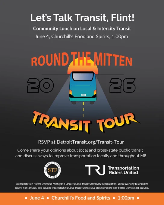 Let’s Talk Transit, Port Huron Community Conversation on Local & Cross-State Transit on June 3, at Port Huron Municipal Office Center Public Meeting Room, at 5:30pm.

Come share your opinions about local and cross-state public transit and discuss ways to improve transportation locally and throughout MI!

Hosted by Transportation Riders United, SDEV, and Port Huron Urbanists.

RSVP at DetroitTransit.org/Transit-Tour
