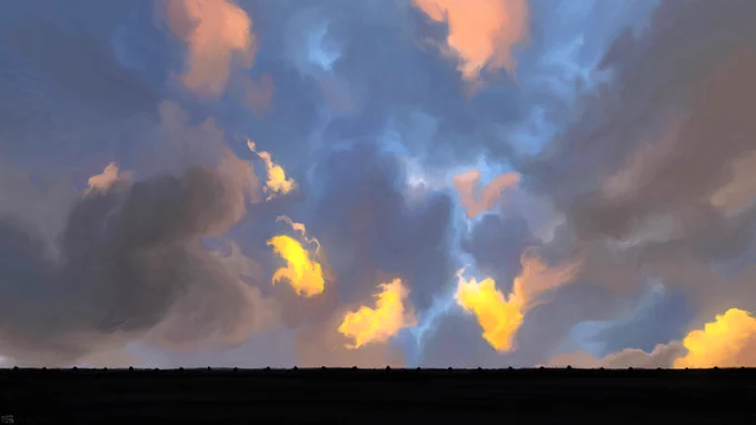 Digital painting of a cloudy sunset sky over a dark roof: there is a jumble of dark grey and blue in the background, with some glowing, torn up pieces of yellow and orange clouds scattered across the frame.