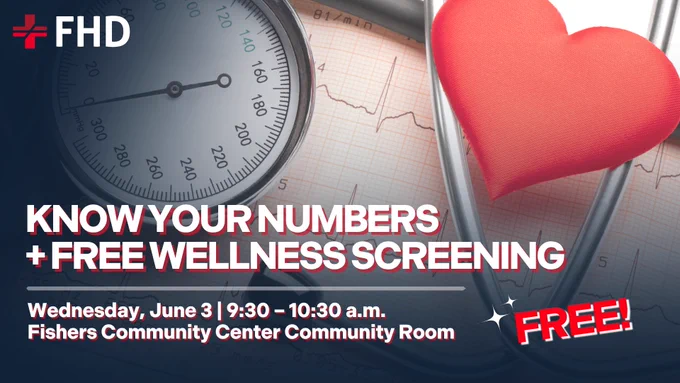 A promotional image for a free wellness screening event by FHD. Features a stethoscope, a heart-shaped object, and a blood pressure monitor. Text states: "Know Your Numbers   Free Wellness Screening. Wednesday, June 3 | 9:30 – 10:30 a.m. Fishers Community Center Community Room. Free!"