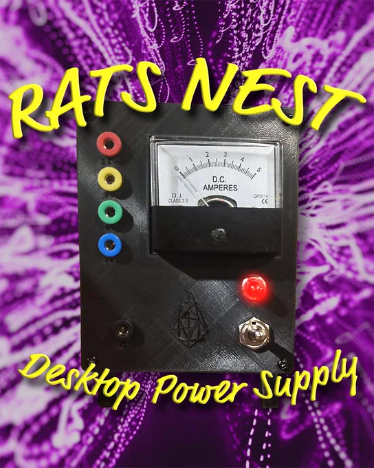 The Rats Nest is a simple desktop power supply with a small footprint. Built from an off-the-shelf 12V power supply, it features parallel voltage regulators to offer 12V, 9V, 5V and 3V3 out, along with an analog ammeter on the front.
