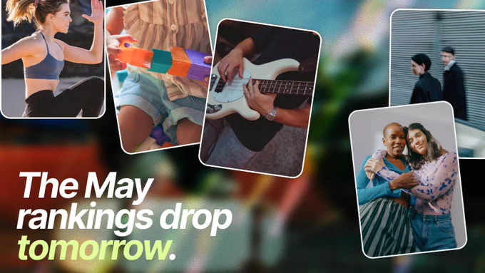 A collage of diverse activities including fitness, playing with blocks, playing guitar, walking, and friendship. A text overlay announces May rankings dropping tomorrow.