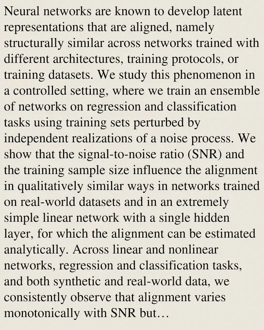 Neural networks are known to develop latent representations that are aligned, namely structurally similar across networks trained with different architectures, training protocols, or training datasets. We study this phenomenon in a controlled setting, where we train an ensemble of networks on regression and classification tasks using training sets perturbed by independent realizations of a noise process. We show that the signal-to-noise ratio (SNR) and the training sample size influence the alignment in qualitatively similar ways in networks trained on real-world datasets and in an extremely simple linear network with a single hidden layer, for which the alignment can be estimated analytically. Across linear and nonlinear networks, regression and classification tasks, and both synthetic and real-world data, we consistently observe that alignment varies monotonically with SNR but non-monotonically with training sample size. In particular, the alignment is minimized near the interpolatio