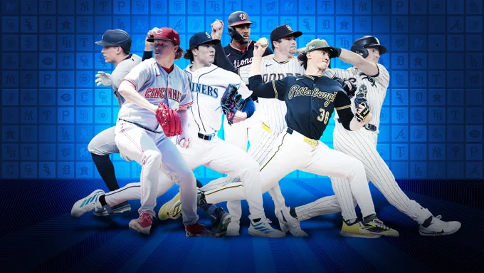 Against a dark blue background with MLB club logos, images of Yankees' Ben Rice, Reds' Andrew Abbott, Mariners' Bryan Woo, Nationals' James Wood, Padres' Mason Miller, Pirates' Bubba Chandler and White Sox' Colson Montgomery