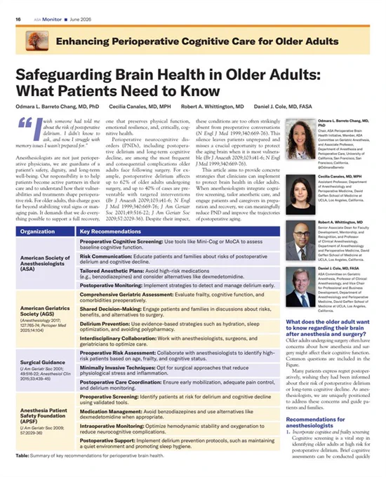 Screenshot of a journal article featuring headshots of the four authors a table, and the titel of the article "Safeguarding Brain Health in Older Adults: What Patients Need to Know."