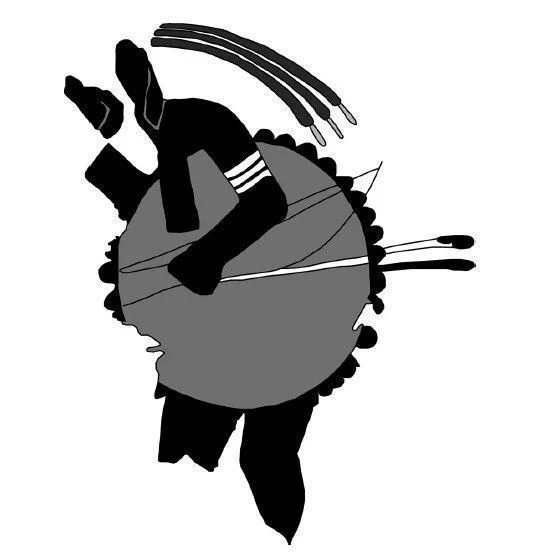 Hernandez 2020. Pueblo warrior with shield, and bow and arrow from Pottery Mound, Kiva 7, Layer 8, South Wall. Image redrawn by Christopher Hernandez from Schaafsma (2000).