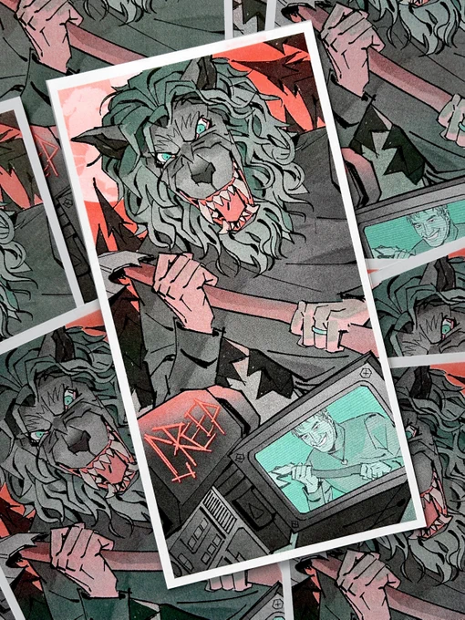 Illustration of Josef from the movie Creep. He is wearing a halloween costume wolf mask called "Peachfuzz." He looms over us, taking up most of the composition, stepping into frame as if to corner us. He is brandishing an axe, having it pulled back close to his body threateningly. His wolf mask expression is snarling at us. Behind him the moon is full and large, being obscured partially by Josef. The dark trees of a forest peek out behind him. At the bottom of the page from our point of view we are holding up a camcorder. On the flipped open screen we see Josef sans wolf mask but in the exact same pose described before. He is smiling at us, and also wears a heart necklace.