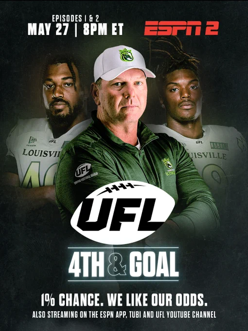 Poster for the UFL series '4th & Goal' showing a coach and two players, promoting episodes airing on ESPN 2.