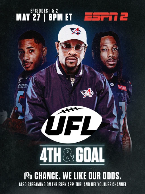 Promotional image for UFL's 4th & Goal episodes airing May 27 on ESPN 2. Features athletes and promotional text.