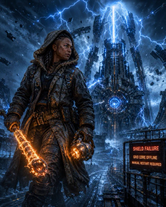 A lone female survivor stands in a frozen industrial wasteland beneath a violent storm. She wears a rugged hooded coat and heavy tactical gear, holding a glowing orange fusion tool in one hand and a bright mechanical core in the other. Behind her rises a colossal futuristic shield generator, crackling with intense blue-white lightning and energy surging into the sky. Floating debris and broken structures fill the stormy background. A warning sign beside her reads “SHIELD FAILURE,” “GRID CORE OFFLINE,” and “MANUAL RESTART REQUIRED.” The scene feels cinematic, desperate, and heroic, with a strong contrast between the cold electric storm and the warm glow of her equipment.