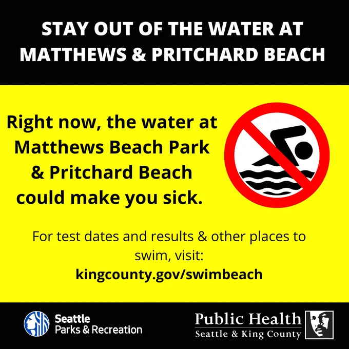 Warning to avoid swimming at Matthews and Pritchard Beach due to water contamination risks.