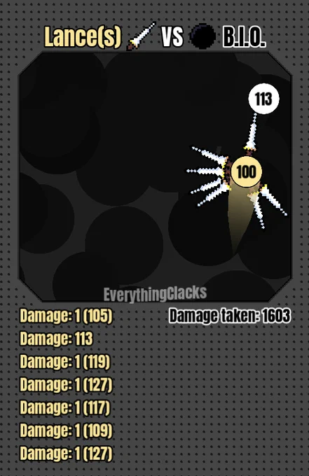 seven different lances are attached to one ball. only one is actively lunging, while the other six are waiting for it to hit the wall. a black immovable orb got hit by the lunging lance, taking 113 damage.