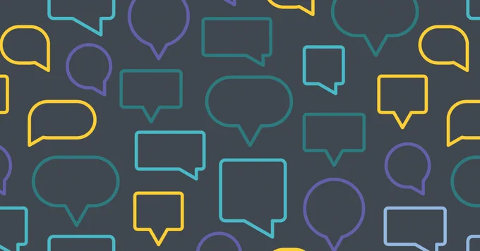 Pattern of various speech bubble shapes in blue, yellow, and purple on a dark grey background.