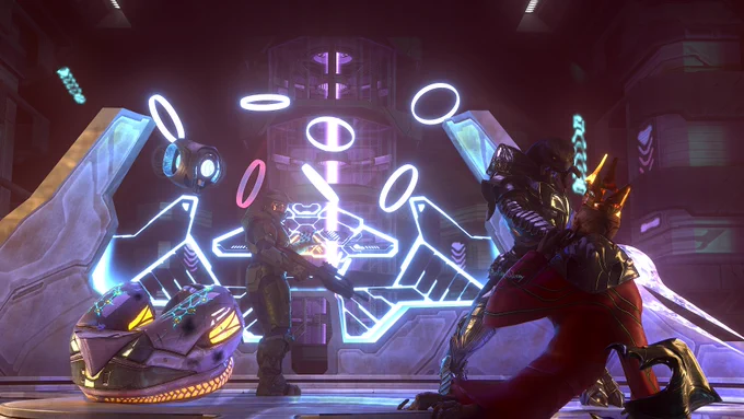 Halo 2, final act.

Earth Ark.


After the battle against Truth in the Ark control room, the Dervish (Arbiter) faces against his former leader for the finishing blow, snapping his neck. As the Master Chief deactivates the Ark, overloading it's generators and subsequently causing the entire temple to collapse. 