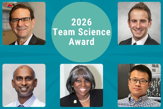 From left to right: The 2026 award team, led by Cancer Center Director Jan Kitajewski, PhD, Mateusz Wietecha, PhD, DMD, VK Gadi, MD PhD, Joanne Glenn, RN MBA and Ying Hu, PhD.