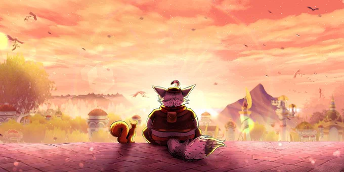 A full illustration of a vulpera sitting on a ledge overlooking the sunset.