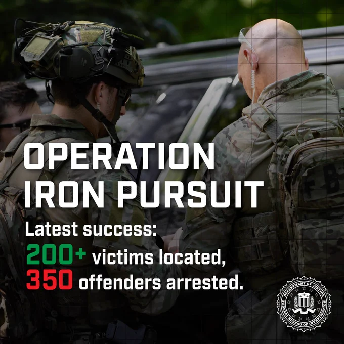 Photo of unidentified FBI agents standing near a vehicle with bold type with the name of "Operation Iron Pursuit along with statistics 200  victims located and 350 offenders arrested.
