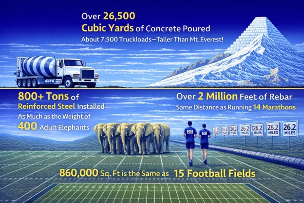 The image is an illustrated infographic about an International Paper construction project in Waterloo, Iowa. It states over 26,500 cubic yards of concrete were poured, equating to about 7,500 truckloads, which is taller than Mt. Everest. Over 800 tons of reinforced steel were used, equivalent to the weight of 400 adult elephants. Over 2 million feet of rebar is likened to the distance of running 14 marathons. The project covers 860,000 square feet, akin to 15 football fields. There's a concrete truck, a concrete mountain resembling Mt. Everest, a line of elephants, and a track field with mileage markers.