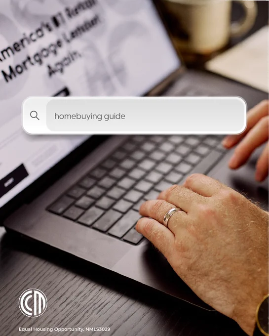Man typing on the computer and looking at the CrossCountry Mortgage website with search bubble that says \"Homebuying Guide.\"