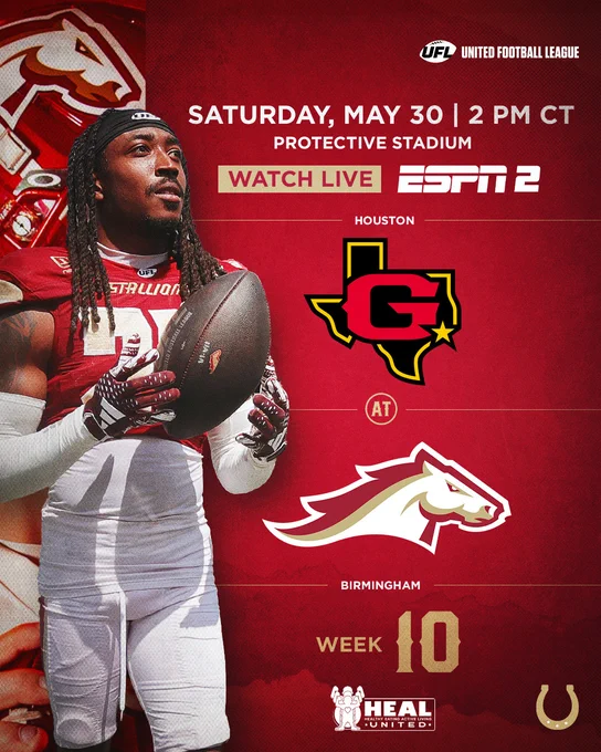 Promotional image for a United Football League game between Houston and Birmingham. Scheduled for Saturday, May 30 at Protective Stadium.