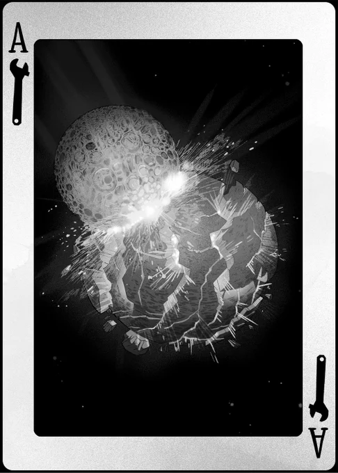 Illustration i made of an ace card depicting a moon smashing into a planet