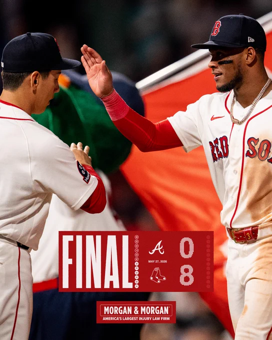 TEXT:
FINAL - Braves 0, Red Sox 8.
May 27, 2026.

IMAGE: Masataka Yoshida and Ceddanne Rafaela celebrate on the field after the Red Sox win over the Braves at Fenway Park.