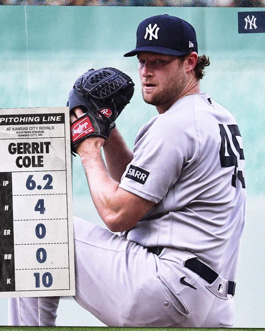Gerrit Cole pitching line vs Royals: 

6.2 IP // 4 H // 0 ER // 0 BB // 10 K