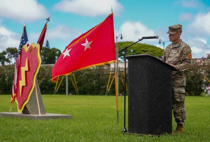 U.S. Soldier Colonel Daniel J. Von Benken, former 25th Infantry Division Artillery Commander, gives a final farewell speech to his former peers on his time and work at 25th ID, during his change of responsibility on Schofield Barracks, Hawaii, May, 27, 2026. (U.S. Army photo by Cpl. Adaris Cole)