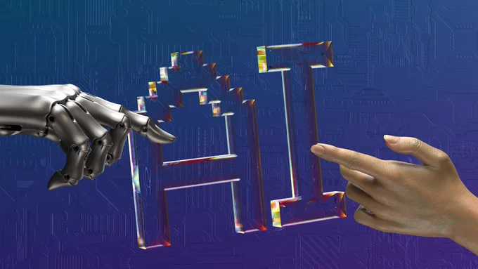 Illustration of a robotic hand and a human hand reaching toward each other with large, glowing “AI” letters between them, partially fragmented to suggest interaction and collaboration. The background features a stylized blue circuit board pattern.