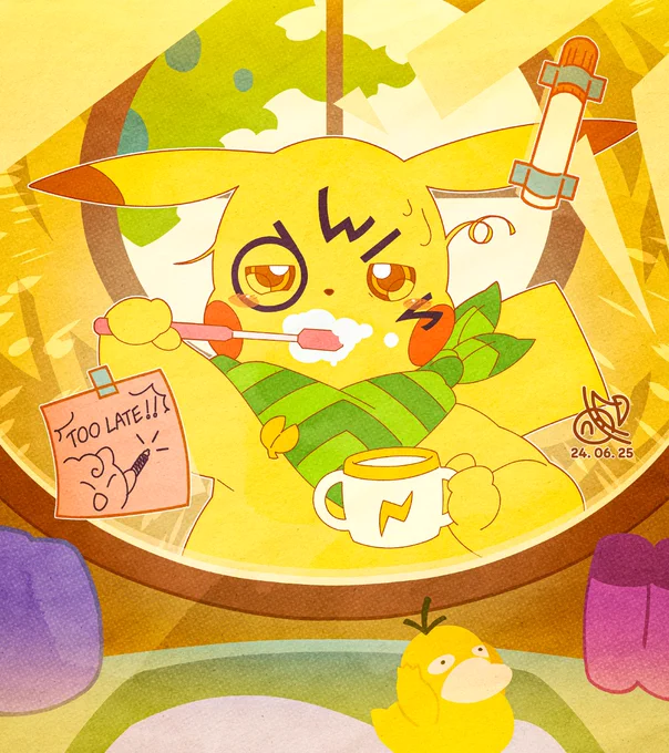 Digital illustration. Pikachu, wearing a turquoise scarf around his neck, brushes his teeth in front of a mirror, embarrassed to see the scribbles on his face. In front of the mirror is taped a note from Jigglypuff that reads, "Too late," and the maca pen she used. Overall, the drawing is warmly colored and cheerfully depicts a cute character in a ridiculous situation.