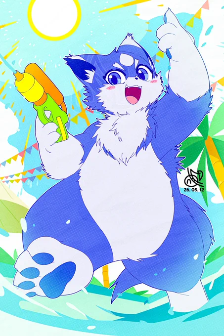 Digital character illustration. A fluffy blue and white anthropomorphic feline character splashes through water with a joyful, open-mouthed expression. The character holds a vibrant green and yellow water gun in its right hand while gesturing a thumbs-up with the left. The scene is set against a bright tropical background featuring a large yellow sun, palm trees, and festive bunting. The art style employs cell shading and subtle halftone textures with a high-saturation color palette dominated by cyan, royal blue, and yellow.