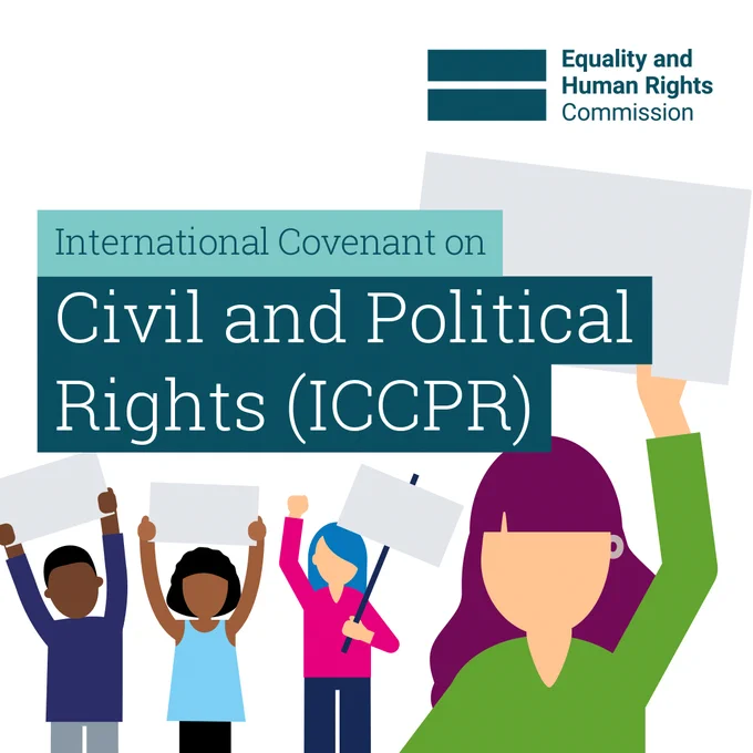 Illustration of diverse people holding blank protest signs under the title International Covenant on Civil and Political Rights (ICCPR).