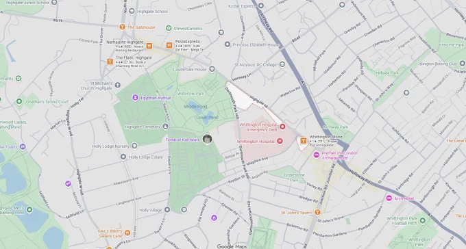 A map showing a postcode area around Highgate Hill.
