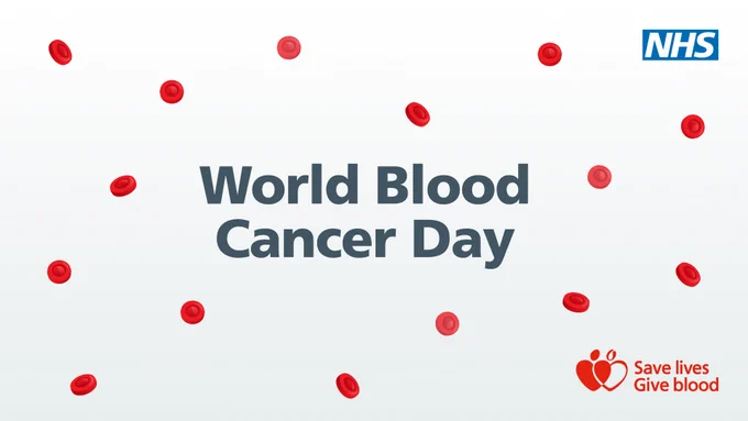 Red blood cells scattered around bold text reading 'World Blood Cancer Day' with the NHS and 'Save Lives, Give Blood' logos.