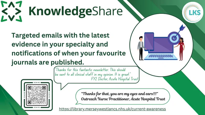 KnowledgeShare logo top left. Top right is the Library & Knowledge Service logo and below that is the current awareness icon from our website.

Below the KnowledgeShare logo on left is the text: Targeted emails with the latest evidence in your specialty and notifications of when your favourite journals are published.

Below that is a QR code that takes you to https://library.merseywestlancs.nhs.uk/current-awareness

There are also two testimonials "Thanks for this fantastic newsletter. This should be sent to all clinical staff in my opinion. It is great" FY2 Doctor, Acute Hospital Trust and "Thanks for that, you are my eyes and ears!!!" Outreach Nurse Practitioner, Acute Hospital Trust.