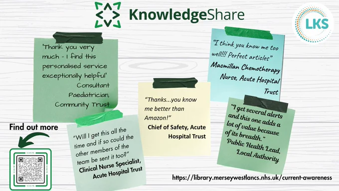 KnowledgeShare logo is top centre and top right is the Library & KnowledgeShare logo. 
Below that there are 5 post-it notes stuck to some wood. There is a testimonial on each post-it.  The 5 testimonials are:
"Thank you very much - I find this personalised service exceptionally helpful" Consultant Paediatrician, Community Trust.
"Will I get this all the time and if so could the other members of the team be sent it too?" Clinical Nurse Specialist, Acute Hospital Trust.
"Thanks...you know me better than Amazon!" Chief of Safety, Acute Hospital Trust.
"I think you know me too well!!! Perfect articles" Macmillan Chemotherapy Nurse, Acute Hospital Trust.
"I get several alerts and this one adds a lot of value because of its breadth." Public Health Lead, Local Authority.
Bottom left is a QR code with the words Find out more. The QR code goes to https://library.merseywestlancs.nhs.uk/current-awareness