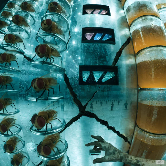 Large flies are encased in transparent cylindrical containers on the left side. A cracked surface runs vertically through the center. Three triangular windows with blue and purple hues are visible on the cracked surface. On the right, there are stacked cylindrical containers filled with an orange liquid. A hand reaches towards a small rectangular slot at the bottom right. Silhouettes of small human figures are visible in the background.