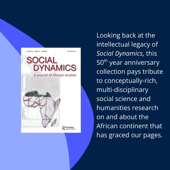 A journal cover for \"Social Dynamics: A journal of African studies.\" The cover features an outline of Africa with intersecting lines and text commemorating the 50th anniversary of social science and humanities research.