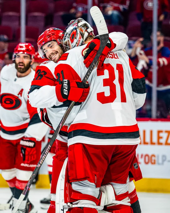Photo of Sean Walker hugging Frederik Andersen after the shutout win in ECF Game 4