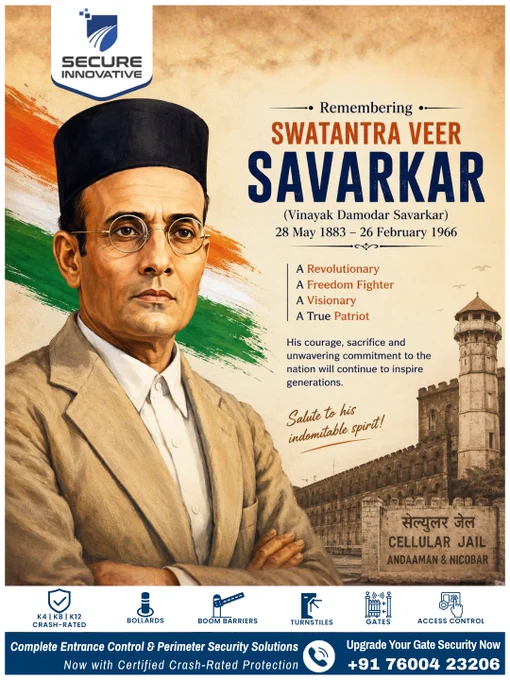 Remembering Swatantra Veer Savarkar on his Jayanti. 🇮🇳

Vinayak Damodar Savarkar was a revolutionary freedom fighter, writer, and visionary whose courage and dedication to the nation continue to inspire generations.

Known for his fearless struggle against British rule and his sacrifices during imprisonment in the Cellular Jail, his contribution to India’s freedom movement remains unforgettable.

Let us honor his patriotism, resilience, and commitment toward the nation.

🙏 Tribute to Veer Savarkar Ji.

#VeerSavarkar #SwatantraVeerSavarkar #FreedomFighter #IndianHistory #Patriotism #India #NationalHero
