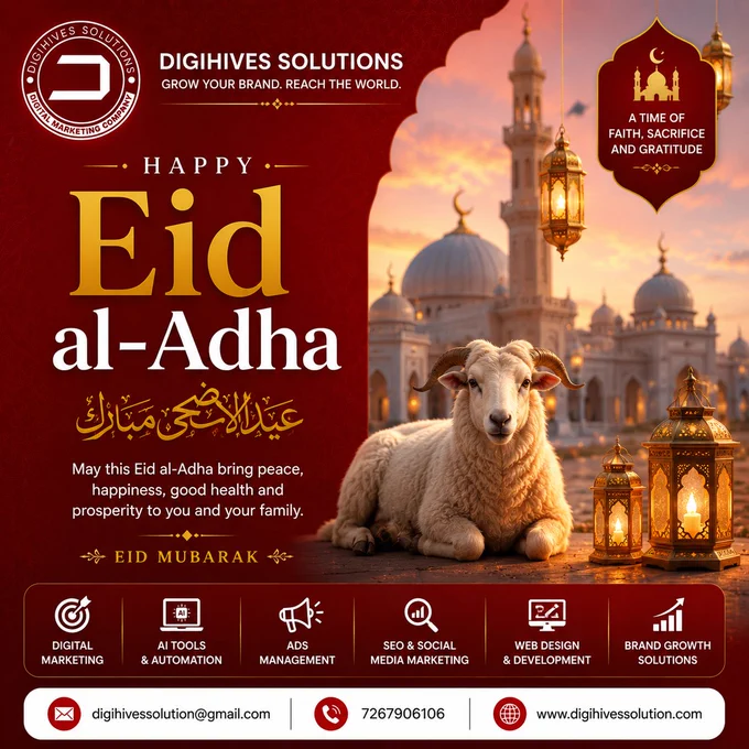 ✨🌙 Eid Mubarak from Digihives Solutions! 🌙✨

Digihives Solutions ✅ | Best Digital Marketing Company in Varanasi, SEO Company & Social Media Marketing Agency

Eid Mubarak to every Muslim around the globe! 🤍
May this blessed occasion bring peace, happiness, prosperity, and endless joy to you and your family. ✨
Celebrate, stay connected, and spread love everywhere! 🌙💫

📞 Reach out to us!
📲 072679 06106
📩 digihivessolution@gmail.com
🌐 www.digihivessolution.com

#EidMubarak #Eid2026 #DigihivesSolutions #DigitalMarketing #SEOCompany #SocialMediaMarketing #Varanasi #EidCelebration #MarketingAgency #BestDigitalMarketingCompany #FestivalVibes #India #BusinessGrowth #OnlineMarketing #HappyEid