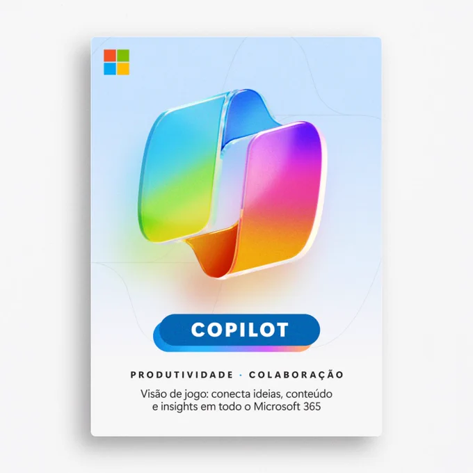 Ícone do Copilot multicolorido com formas fluidas sobre fundo claro em degradê.