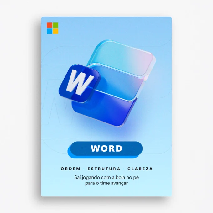 Ícone do Word em azul sobre fundo em degradê, com formas tridimensionais translúcidas.