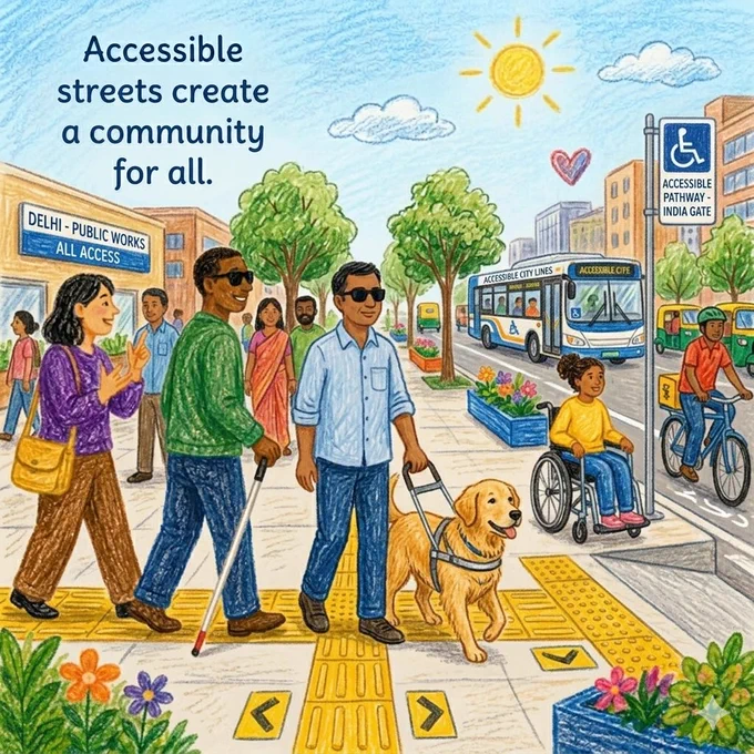 An accessible street scene in Delhi, India, under a sunny sky. The top left features the text, "Accessible streets create a community for all." Diverse pedestrians navigate a wide, obstacle-free sidewalk equipped with yellow Tactile Ground Surface Indicators (TGSIs). In the foreground, a man uses a white cane while talking to a woman, and next to them, a man with sunglasses walks with a guide dog. To the right, a young girl using a manual wheelchair navigates a smooth ramp leading down to a crosswalk.
In the background, an accessible low-floor city bus with a wheelchair symbol is parked at the kerb, next to a sign that reads "Accessible Pathway - India Gate." A cyclist in a designated lane, auto-rickshaws, green trees, and a building with a "Delhi - Public Works All Access" sign complete the bustling, universally designed urban environment.
